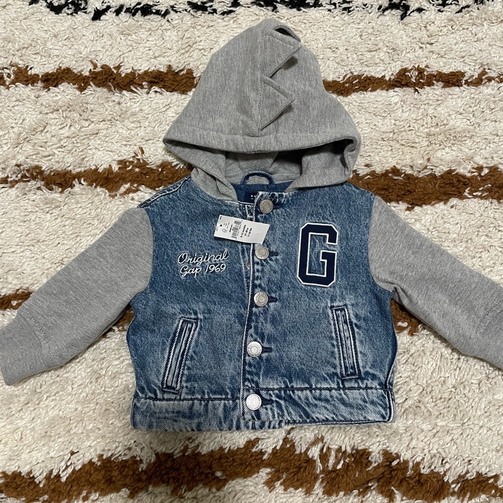 New! GAP Kids Blue Denim Jacket with Gray Dino Hood